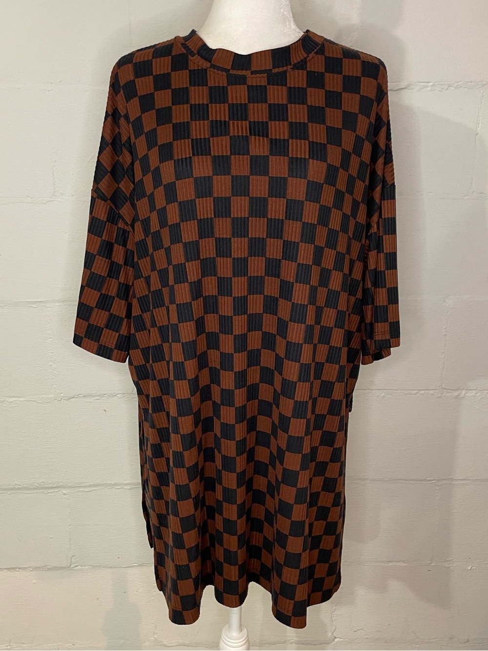 Dressed in LALA Ribbed Checkerboard Short Sleeve Tee in Brown and Black